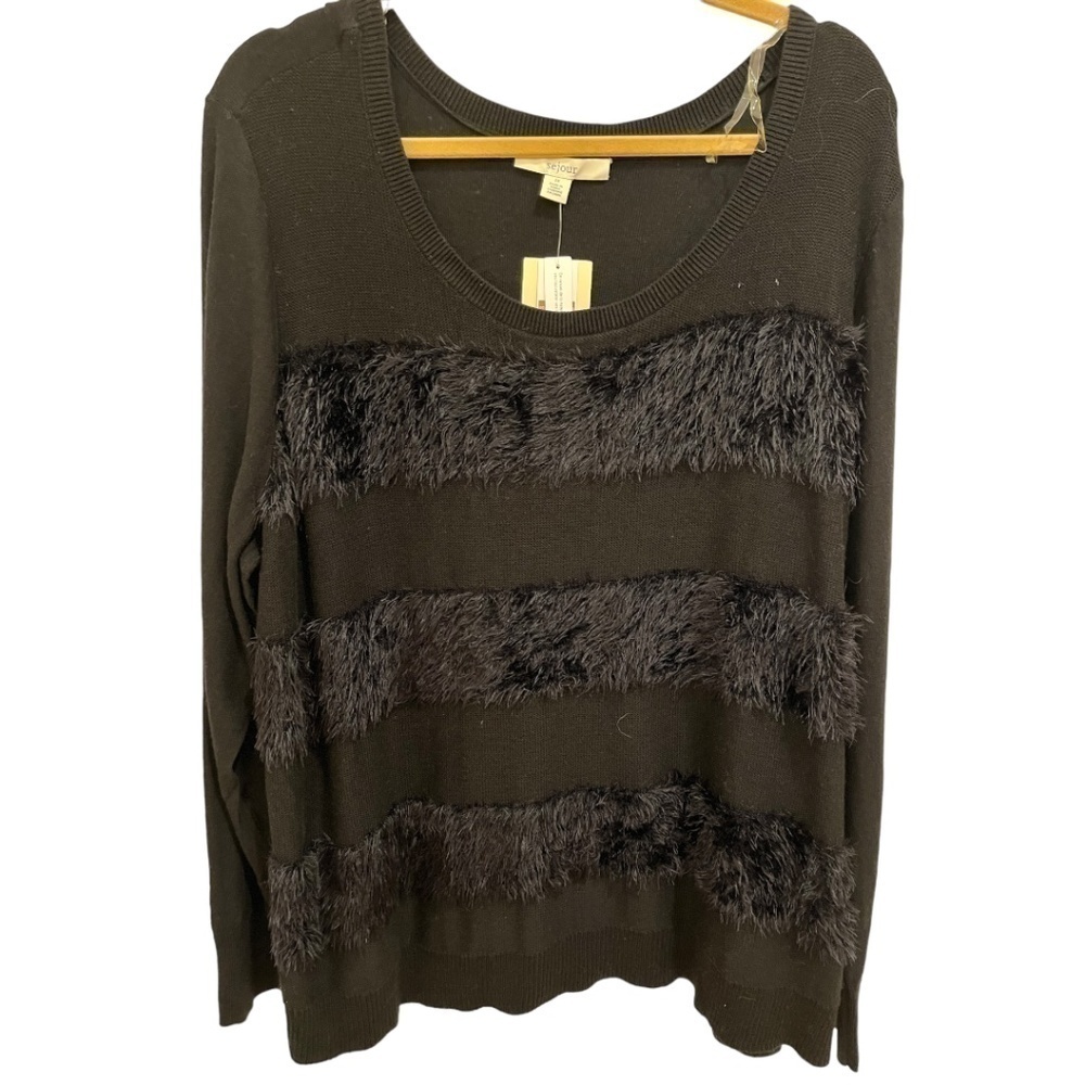 Sejour Plus Size Black Faux Fur Striped Long Sleeve Sweater Top Size 3X NWT